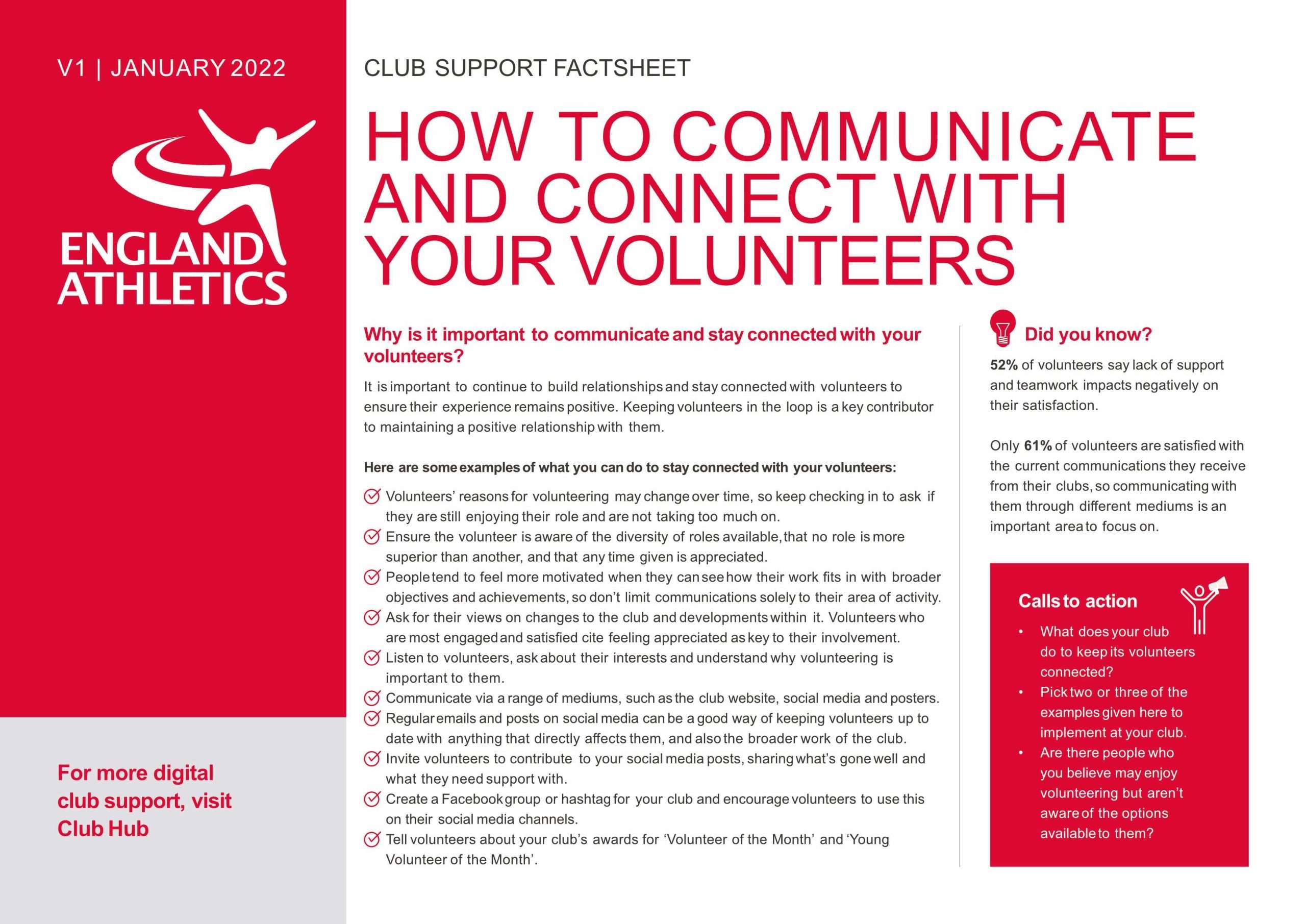 Written factsheet for England Athletics about how to communicate and connect with volunteers.
