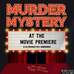 The box of a murder mystery at the movie premiere game, with red and black writing.