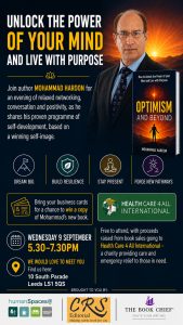 A poster advertising an evening of self-development with author, Mohammad Haroon. Hosted by Craig Smith of CRS Editorial.